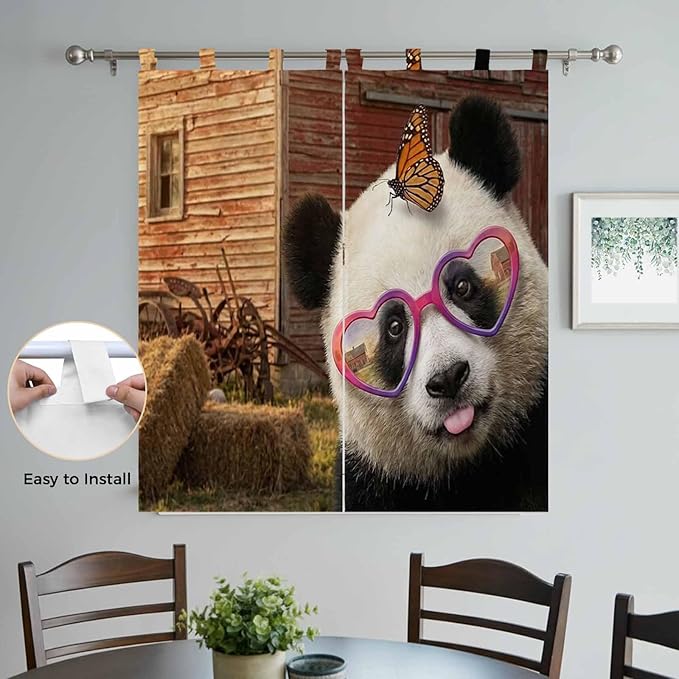 Farm Panda Bathroom Curtains 63 Inch Length, Window Curtains Tab Top, Farmhouse Barn Funny Animals Butterfly Light Filtering Window Treatments Drapes 52"x63" 2 Panel