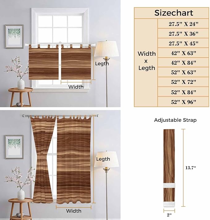 Brown Western Kitchen Curtains 24 Inch Length, Small Window Curtains Tab Top, Vintage Farmhouse Wood Barn Door Light Filtering Short Window Treatments Tier Drapes 27.5"x24" 2 Panel