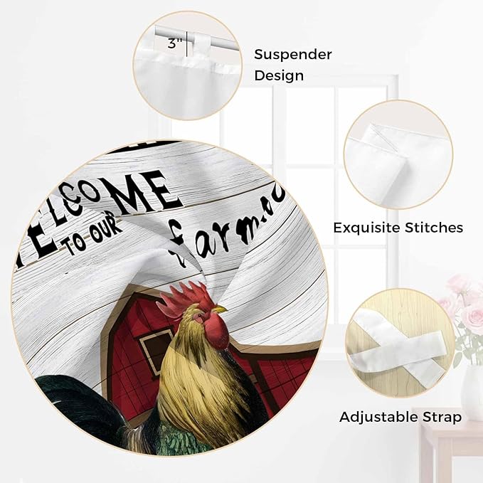 Farmhouse Rooster Kitchen Curtains 24 Inch Length, Small Window Curtains Tab Top, Rustic Red Barn Windmill Sunflowers Light Filtering Short Window Treatments Tier Drapes 27.5"x24" 2 Panel