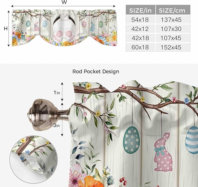 Easter Tie Up Valance Curtains for Windows, Kitchen Curtains Window Shades, Spring Farmhouse Watercolor Bunny Eggs Wood Grain Light Filtering Roman Curtain Valances for Bedroom/Bathroom/Cafe 54"x18"