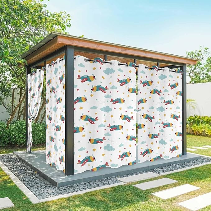 Turquoise Airplane Waterproof Outdoor Curtains for Patio, Windproof Weatherproof Curtains with Weighted Hem, Modern Art Cartoon Aircraft Clouds Light Filtering Privacy Drapes for Porch 54"x 108"