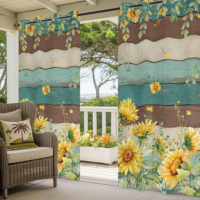 Sunflowers Outdoor Curtains for Patio Summer Floral Eucalyptus Leaves Vintage Wood Waterproof Outside Curtains with Grommet Top Weatherproof Curtain for Cabana Pergola Gazebo, 1 Panel, 54" W x 84" L