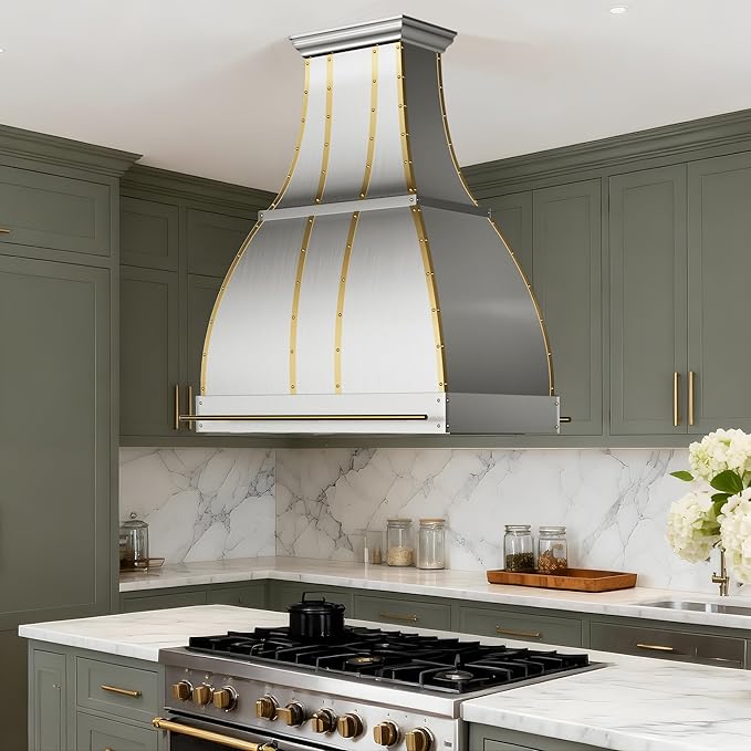 CHETTO C Stainless Steel Range Hood Cover with Quiet Vent Hood Insert Custom Handcrafted Metal Kitchen Fan with Towel Rack LED Light 54"W x27"D x60"H Brushed Stainless Steel Island Mount
