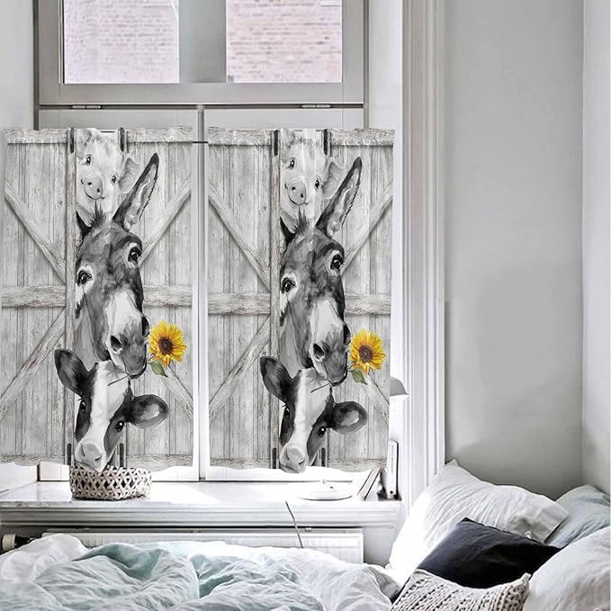 Grey Farmhouse Tier Curtains 45 Inches Long, Vintage Sunflowers Animals Printed Window Treatment Curtain Drapes, Window Half Privacy Curtains for Bedroom Bathroom, 42"x45", 2 Panels