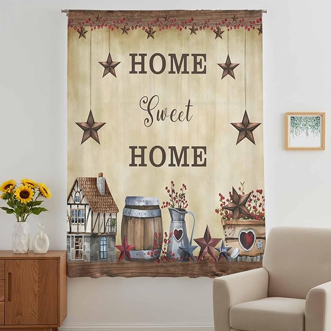 Farm Sheer Curtains 96 Inch Length American Country Barn Star Vintage Berry Brown Chiffon Curtain for Bedroom Living Room Light Filtering Rod Pocket Window Treatments Voile Curtains Drapes for Dining