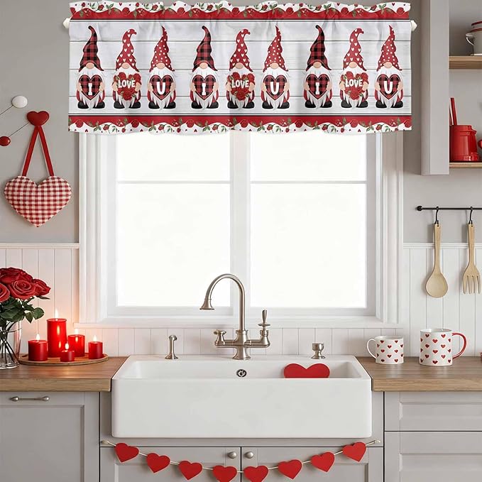 I Love U Valance Curtains for Kitchen, Valentine's Day Dwarf Romantic Wood Grain Privacy Rod Pocket Valance Curtain, Light-Filtering Window Treatment for Bedroom Bathroom, 60"x14"