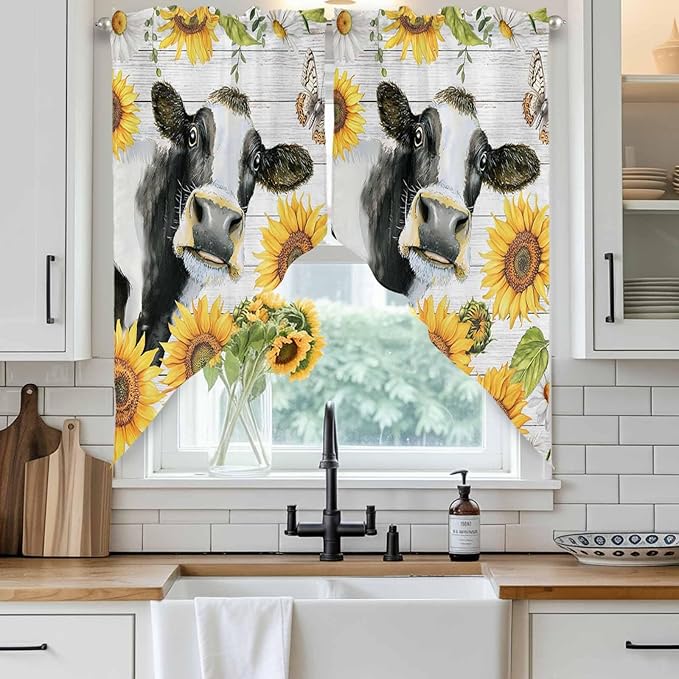 Retro Farmhouse Floral Swag Valances for Windows, Yellow Sunflowers Cows Butterfly Wood Rod Pocket Kitchen Curtains Valance, Kitchen Window Curtains Swag for Cafe Living Room, 2 Panels, 36x63 inch
