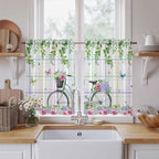 Spring Kitchen Curtains, Bicycles Botanical Leaves Rose Colorful Stripes Light Filtering Window Curtain Panels, 2Pcs Rod Pocket Window Treatments Set for RV Dining Room Study Room 42x54 Inches