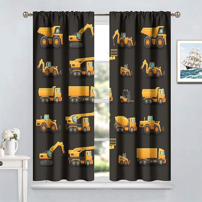 Kids Construction Window Curtains, Construction Machinery Equipment Mode of Transport Bulldozer Tractor Windows Curtain for Children Teens Room Decor 55x63in (30% Blackout)