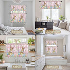 Kitchen Curtains Tiers and Valance Set of 3, Easter Light Filtering Window Curtain Set, Spring Rabbit Eggs Nature Botanicals Pink Plaid Rod Pocket Curtain Drapes for Cafe, Living Room, 36 Inches Tiers