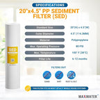 Max Water 1 Micron 20 x 4.5 Sediment Filter 20 inch Whole House BB Water Filteration System Replacement Compatible Cartridge DGD-5005-20, FP25B, AP810-6, FPMB5-20, P5-20, 155358-43, SDC-45-2005