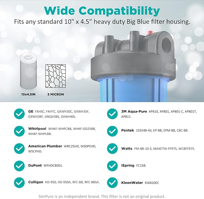 SimPure Whole House Water Filter Cartridges 5 Micron 10" x 4.5" PP+CTO 2-Stage Sediment and Carbon Filter Set, for DB10C-2, DB10P, GE FXHTC, GXWH40L, WGB21B, FP15B, FC15B, 4 Sets