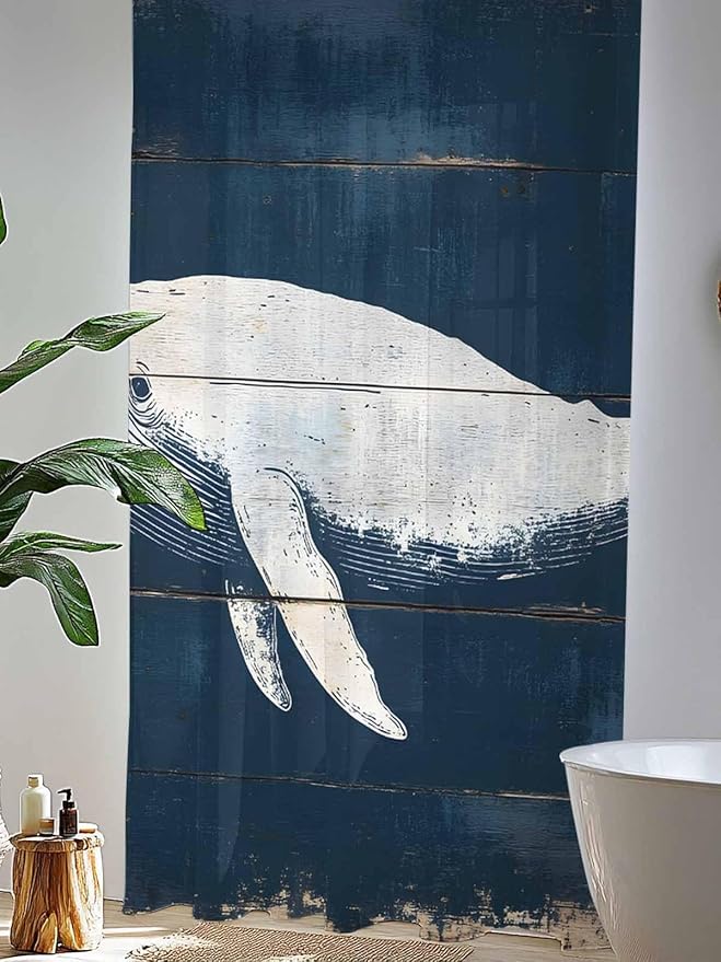 Sheer Curtains 96 Inches Long, Ocean Whale Blue Semi Sheer Curtains Light Filtering Window Treatment, Watercolor Coastal Vintage Wood Grain Privacy Voile Drapes for Living Room Bedroom 52x96 Inch