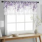 Eucalyptus Leaves Sheer Valance Curtains, Purple Leaves Idyllic Winds Farmhouses Light Filtering Kitchen Valances Rod Pocket Voile Curtain Window Treatment for Bedroom/Living Room/Basement 42Wx18L
