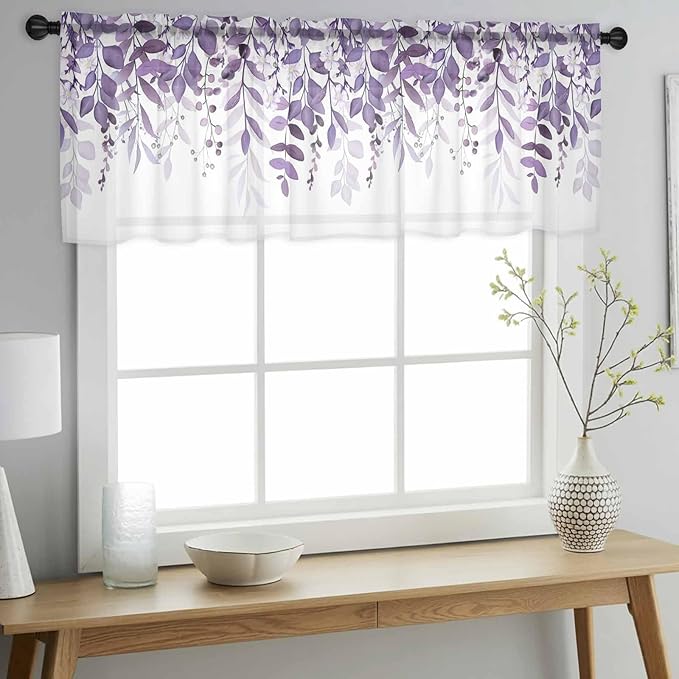 Eucalyptus Leaves Sheer Valance Curtains, Purple Leaves Idyllic Winds Farmhouses Light Filtering Kitchen Valances Rod Pocket Voile Curtain Window Treatment for Bedroom/Living Room/Basement 42Wx18L