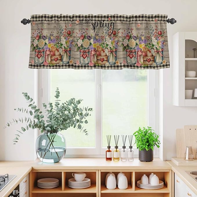 Kitchen Curtains Tiers and Valance Set of 3, Spring Flowers Light Filtering Window Curtain Set, Farmhouse Vintage Black Plaid Wood Grain Rod Pocket Curtain Drapes for Living Room, 24 Inches Tiers