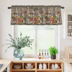 Spring Flowers Kitchen Curtains Set 3 Piece for Windows, Rod Pocket Valance and Tier Set 24 Inch Length, Farmhouse Vintage Black Plaid Wood Grain Light Filtering Cafe Curtains for Living Room Bathroom