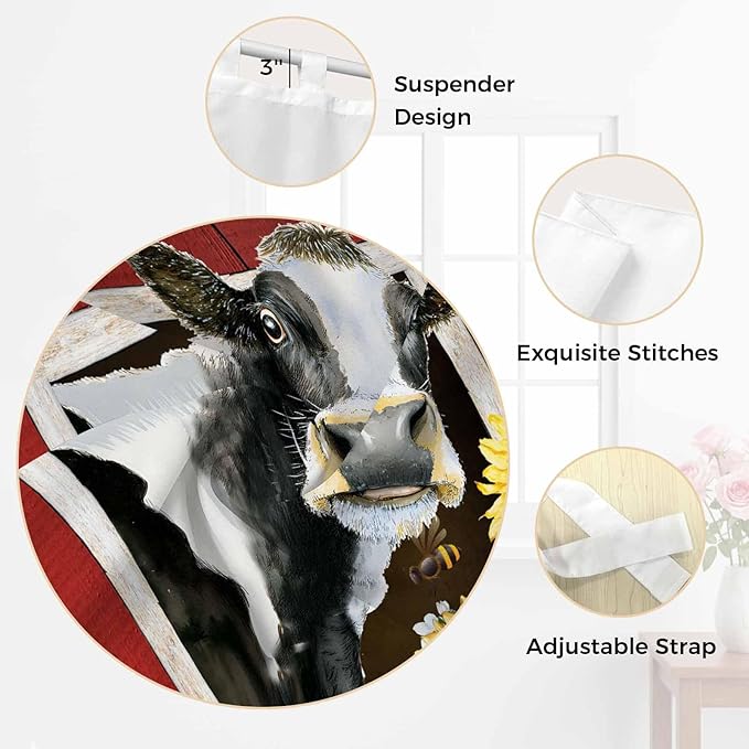 Cows Sunflowers Bedroom Curtains 63 Inch Length, Window Curtains Tab Top, Spring Botanical Floral Bees Red Barn Light Filtering Window Treatments Drapes 42"x63" 2 Panel