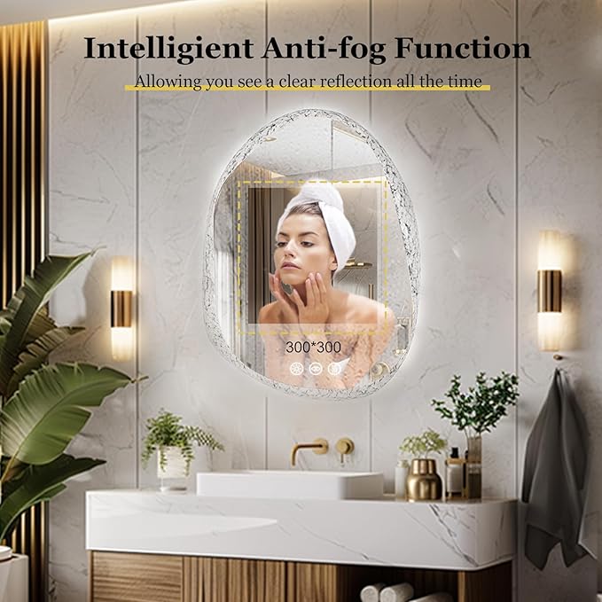 LUVODI Lighted LED Bathroom Mirror: 36”x28”Irregular Stone Pattern Frosted Wall Vanity Mirror with Bright Back Lit - Modern Dimmable Smart Mirror Anti Fog with Touch Switch Sensor for Restroom Bedroom