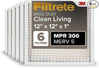 Filtrete 12x12x1 Air Filter, MPR 300, MERV 5, Clean Living Basic Dust 3-Month Pleated 1-Inch Air Filters, 6 Filters