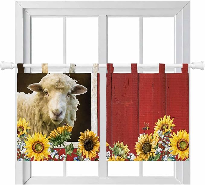 Sheep Flowers Kitchen Curtains 36 Inch Length, Small Window Curtains Tab Top, Country Red Barn Botanical Sunflowers Light Filtering Short Window Treatments Tier Drapes 27.5"x36" 2 Panel