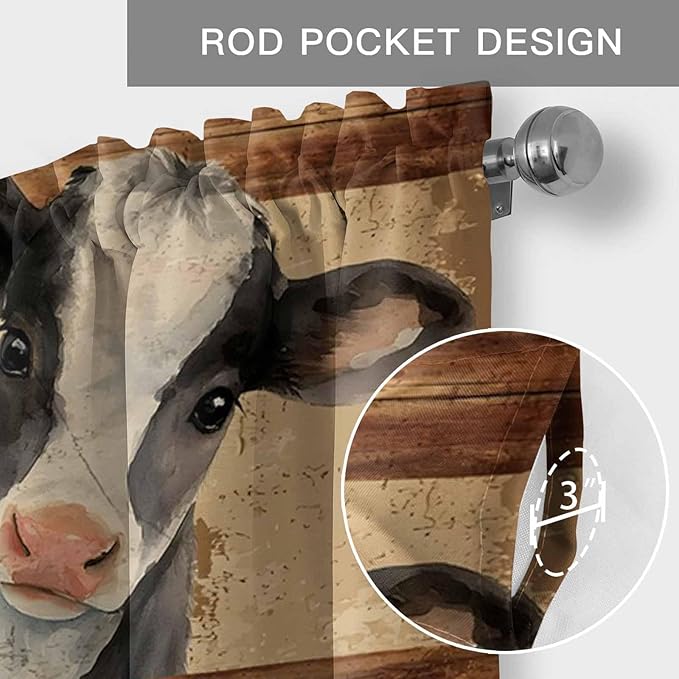 Farmhouse Cow Curtain Valances for Windows, Kitchen Valance Window Treatment, Country Vintage Animals Wooden Grain Light Filtering Block Curtains for Bathroom/Bedroom/Living Room 60'' x 18''