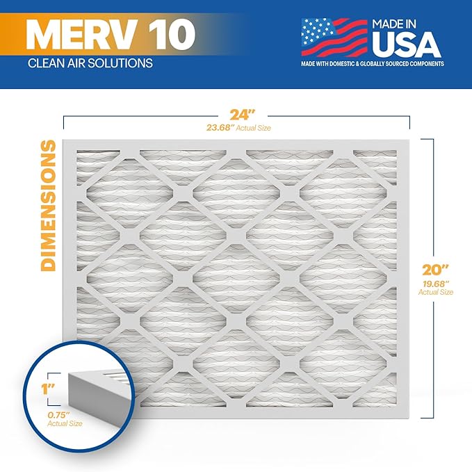 BNX TruFilter 20x24x1 MERV 10 (4-Pack) AC Furnace Air Filter - MADE IN USA - Pleated Air Conditioner HVAC AC Furnace Filters - Removes Odor, Mold, Bacteria, Smoke