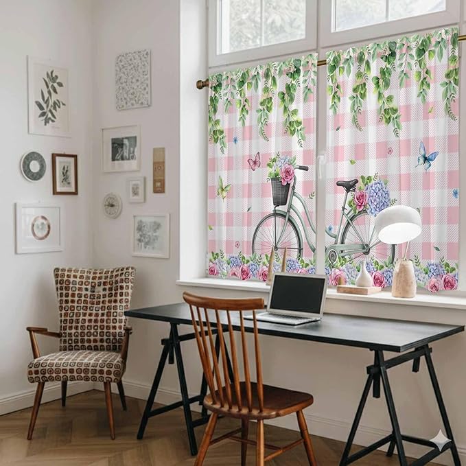Spring Kitchen Curtains, Bicycles Leaves Butterfly Flowers Pink Buffalo Plaid Light Filtering Window Curtain Panels, 2Pcs Rod Pocket Window Treatments Set for Study Room Bathroom Bedroom 52x54 Inches