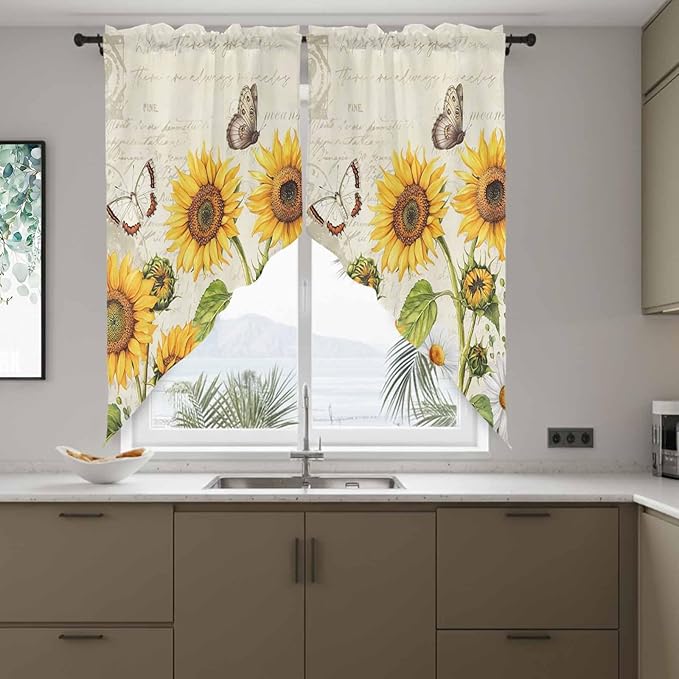 Farm Sunflowers Swag Valances for Windows, Retro Flowers Butterfly Botanical Beige Rod Pocket Kitchen Curtains Valance, Small Window Curtains Swag for Cafe Bathroom Living Room, 2 Panels, 36x36 inch