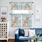 Kitchen Curtains Tiers and Valance Set of 3, Easter Light Filtering Window Curtain Set, Farmhouse Spring Rabbit Eggs Flowers Wooden Board Rod Pocket Curtain Drapes for Living Room, 24 Inches Tiers