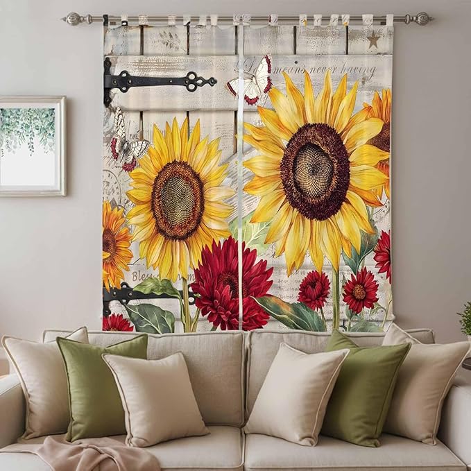 Red Yellow Sunflowers Living Room Curtains 84 Inch Length, Window Curtains Tab Top, Retro Rustic Barn Doors Butterfly Brown Light Filtering Window Treatments Drapes 52"x84" 2 Panel
