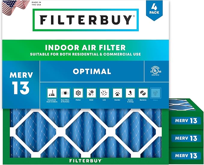 Filterbuy 25x25x2 Air Filter MERV 13 Optimal Smoke & Allergy Defense (4-Pack), Electrostatic Pleated HVAC AC Furnace Filters Replacement, Made in USA (Actual Size: 24.50 x 24.50 x 1.75)