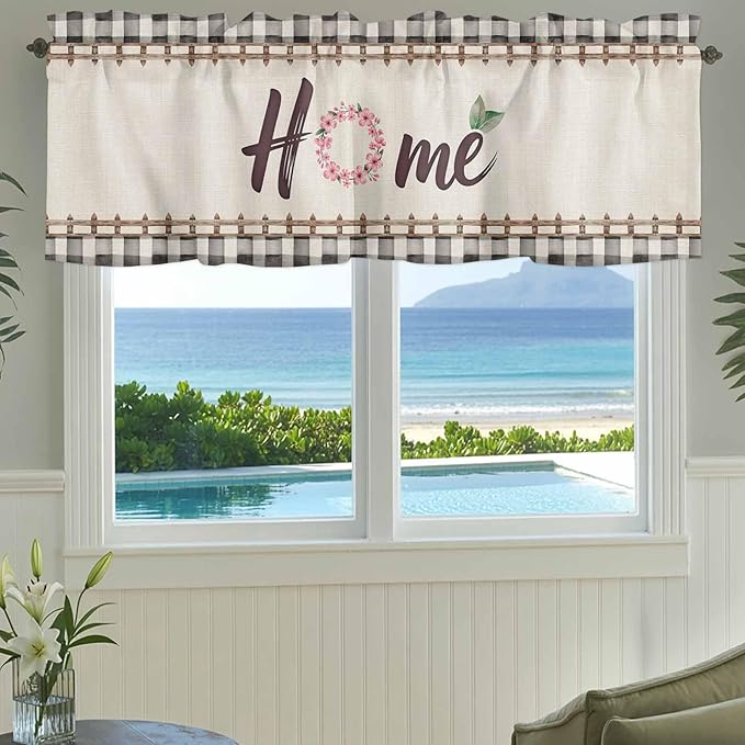 Spring Flowers Curtain Valances for Windows, Kitchen Valance Window Treatment, Vintage Watercolor Black Plaid on Linen Light Filtering Block Curtains for Bathroom/Bedroom/Living Room 42'' x 18''