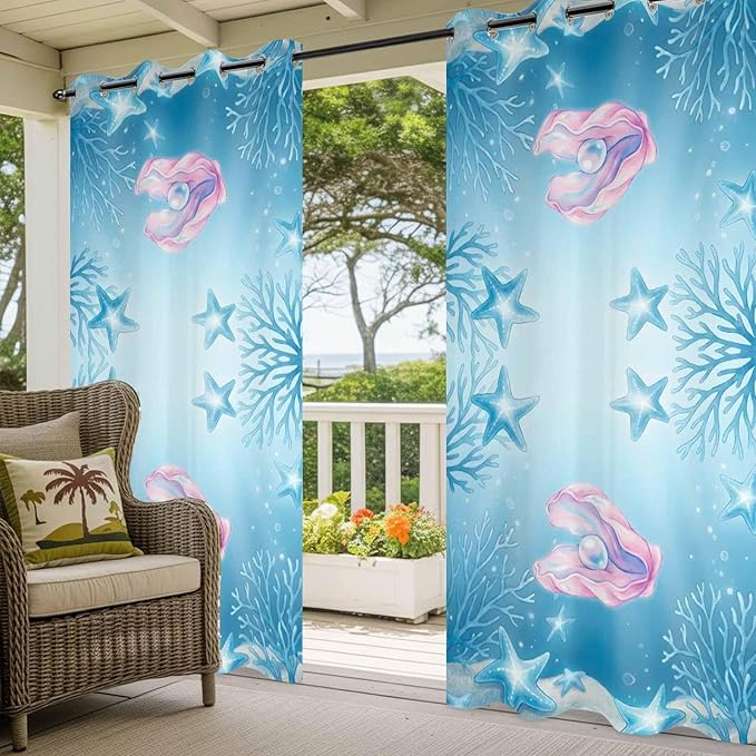 Ocean Shell Outdoor Curtains for Patio Corals Starfish Summer Marine Waterproof Outside Curtains with Grommet Top Weatherproof Curtain for Cabana Pergola Gazebo, 1 Panel, 54" W x 84" L