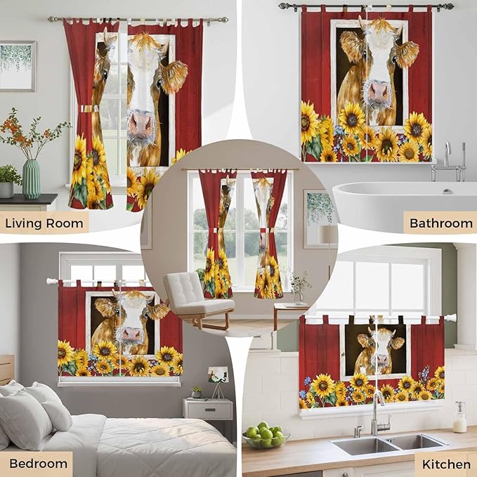 Cows Sunflowers Bedroom Curtains 72 Inch Length, Window Curtains Tab Top, Spring Floral Bees Farmhouse Barn Light Filtering Window Treatments Drapes 52"x72" 2 Panel