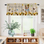 Kitchen Curtains Tiers and Valance Set of 3, Sunflowers Dog Light Filtering Window Curtain Set, Spring Watercolor Floral Stars on Linen Rod Pocket Curtain Drapes for Cafe, Living Room, 24 Inches Tiers