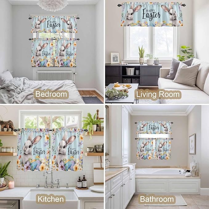 Happy Easter Kitchen Curtains Set 3 Piece for Windows,Rod Pocket Valance and Tier Set 36 Inch Length,Spring Grey Bunny Colorful Eggs Flower Blue Light Filtering Cafe Curtains for Living Room