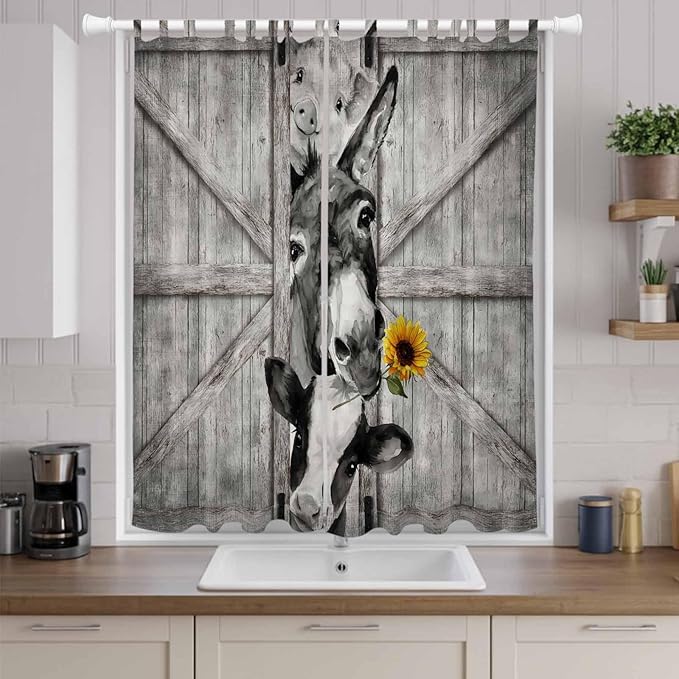 Funny Farm Animals Living Room Curtains 96 Inch Length, Window Curtains Tab Top, Vintage Barn Grey Sunflowers Light Filtering Window Treatments Drapes 52"x96" 2 Panel