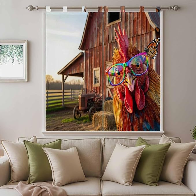 Farm Rooster Bathroom Curtains 63 Inch Length, Window Curtains Tab Top, Farmhouse Barn Funny Animals Butterfly Light Filtering Window Treatments Drapes 52"x63" 2 Panel