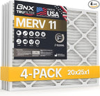 BNX 20x25x1 MERV 11 Air Filter 4 Pack - MADE IN USA - Electrostatic Pleated Air Conditioner HVAC AC Furnace Filters - Removes Dust, Mold, Pollen, Lint, Pet Dander, Smoke, Smog