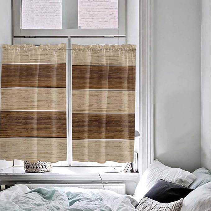 Retro Country Brown Wooden Board Window Valance Curtains, Farmhouse Gradient Plank Light Filtering Kitchen Valance with 3-inch Rod Pocket for Living Room Bathroom Bedroom,2 Panel,52x45In