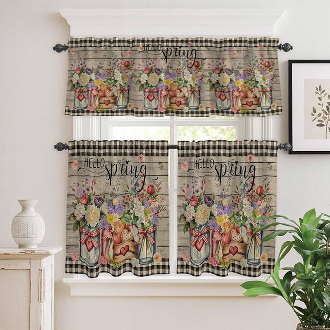 Spring Flowers Kitchen Curtains Set 3 Piece for Windows, Rod Pocket Valance and Tier Set 36 Inch Length, Farmhouse Vintage Black Plaid Wood Grain Light Filtering Cafe Curtains for Living Room Bathroom