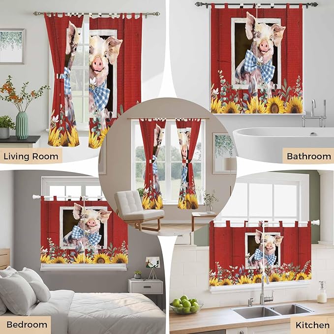 Pig Sunflowers Living Room Curtains 84 Inch Length, Window Curtains Tab Top, Eucalyptus Leaves Floral Bees Red Barn Light Filtering Window Treatments Drapes 52"x84" 2 Panel