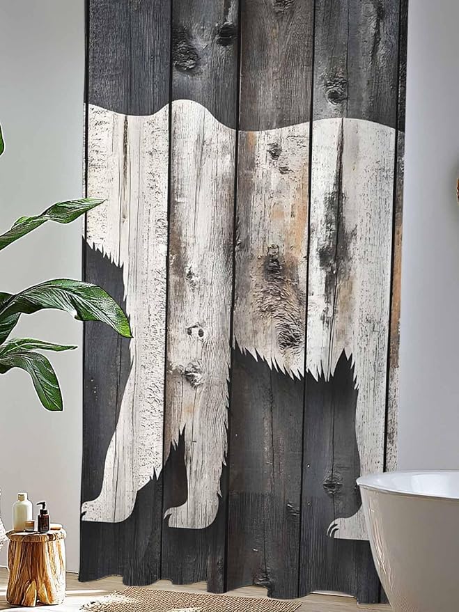 Sheer Curtains 108 Inches Long, White Brown Bear Semi Sheer Curtains Light Filtering Window Treatment, Farmhouse Country Vintage Wood Grain Privacy Voile Drapes for Living Room Bedroom 52x108 Inch