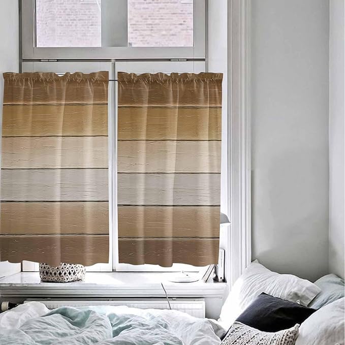 Vintage Brown Gradient Wood Grain Window Valance Curtains, Farmhouse Wood Barn Light Filtering Kitchen Valance with 3-inch Rod Pocket for Living Room Bathroom Bedroom,2 Panel,27.5x45In