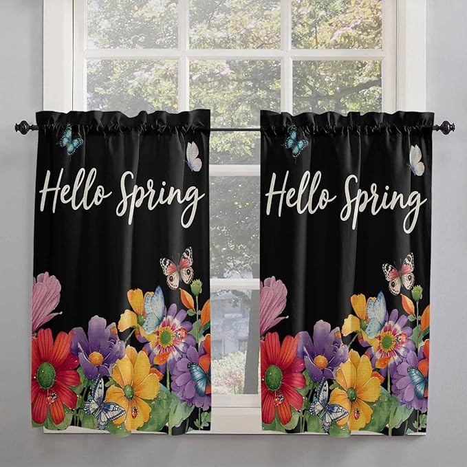 Spring Flowers Tier Curtains 45 Inches Long, Watercolor Country Colorful Floral Black Window Treatment Curtain Drapes, Window Half Privacy Curtains for Bedroom Bathroom, 42"x45", 2 Panels