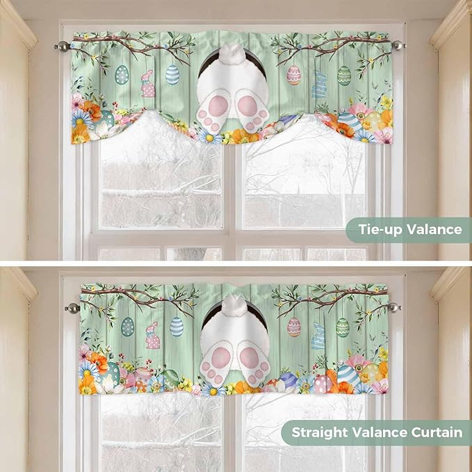 Easter Tie Up Valance Curtains for Windows, Kitchen Curtains Window Shades, Spring Watercolor Bunny Eggs Wooden Grain Green Light Filtering Roman Curtain Valances for Bedroom/Bathroom/Cafe 42"x12"