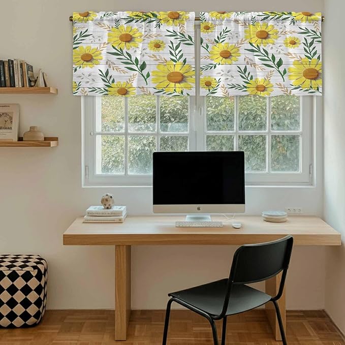 Yellow Daisy Tier Curtains, Farmhouse Country Flower Leaf Plant Wood Grain Light Filtering Kitchen Curtains, 2Pcs Rod Pocket Half Window Treatments Panels for Sink Cafe Cabinet Camper 27.5x24 Inches