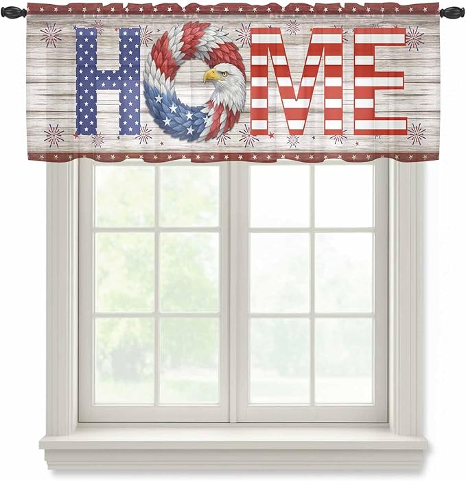 4th of July Sheer Valances for Windows 54"x18", Light Filtering Kitchen Curtains Valance, Stars Striped Farmhouse American Flag Wood Grain Rod Pocket Chiffon Curtains for Living Room Bedroom Cafe