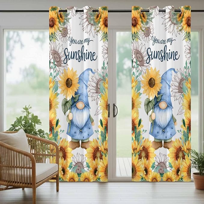 Summer Outdoor Curtains for Patio Sunflowers Gnome Eucalyptus Leaves Waterproof Outside Curtains with Grommet Top Weatherproof Curtain for Cabana Pergola Gazebo, 1 Panel, 54" W x 108" L